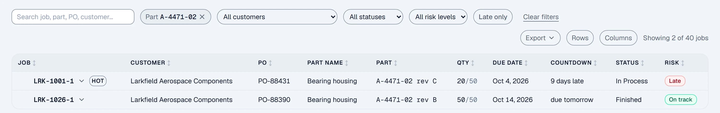 The job list filtered to part A-4471-02: LRK-1001-1 on rev C, in process, and LRK-1026-1 on rev B, finished, both for Larkfield Aerospace Components.