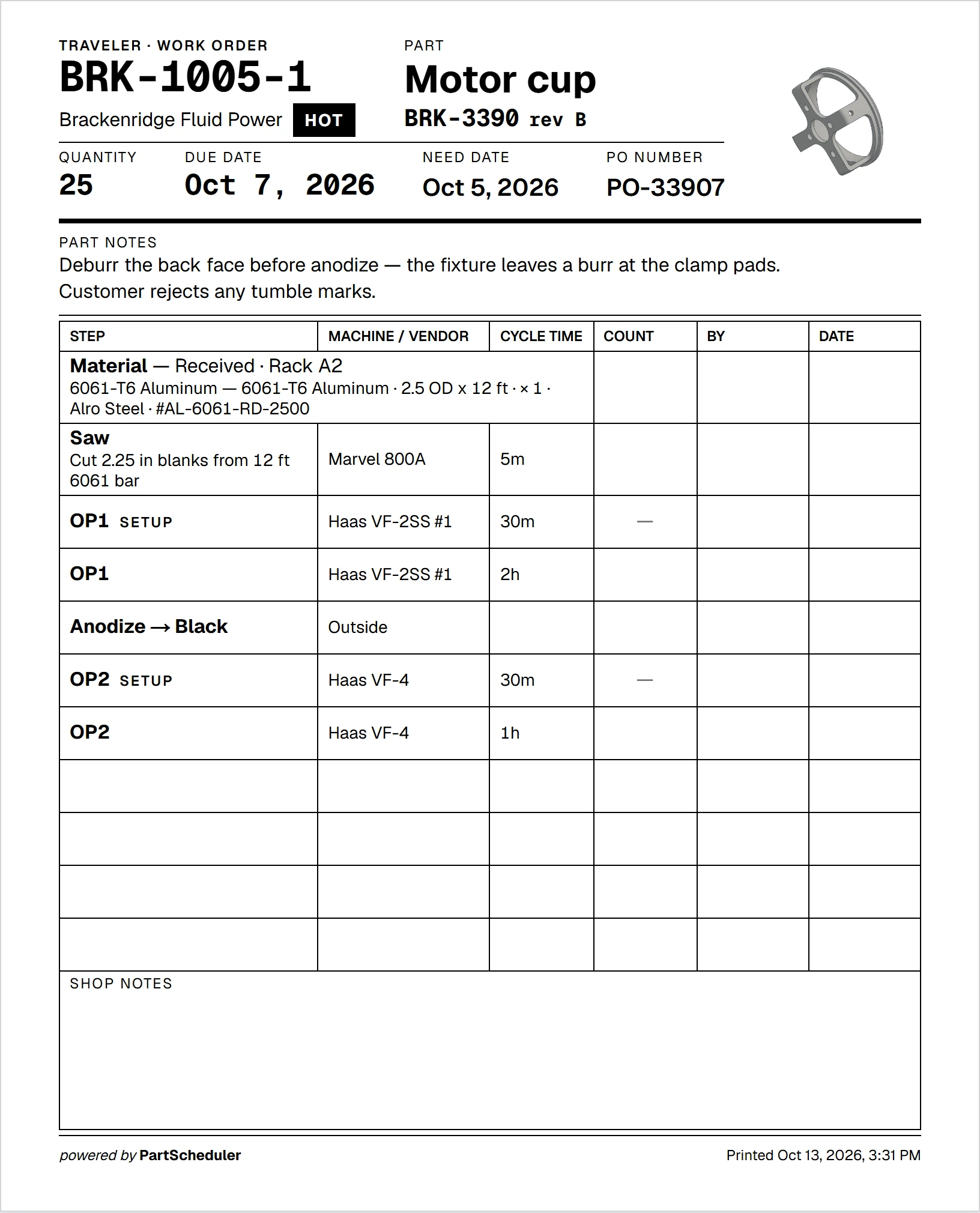 The printed traveler for demo job BRK-1005-1, motor cup BRK-3390 rev B: the part notes at the top, then Material, Saw with its note, OP1 setup and run, Anodize to Black, and OP2 setup and run, with blank Count, By and Date columns.