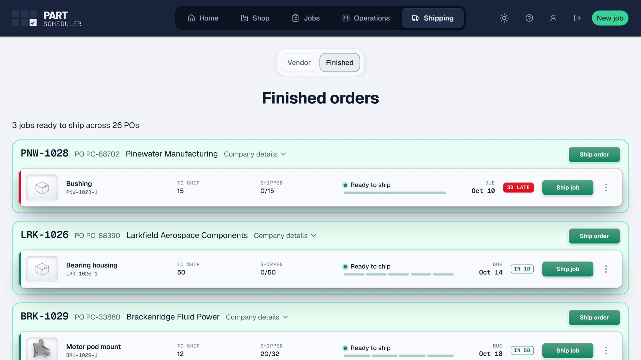 The Finished orders screen: three purchase orders ready to ship, each with its customer, the quantity to ship, its due date and the buttons Ship order and Ship job.