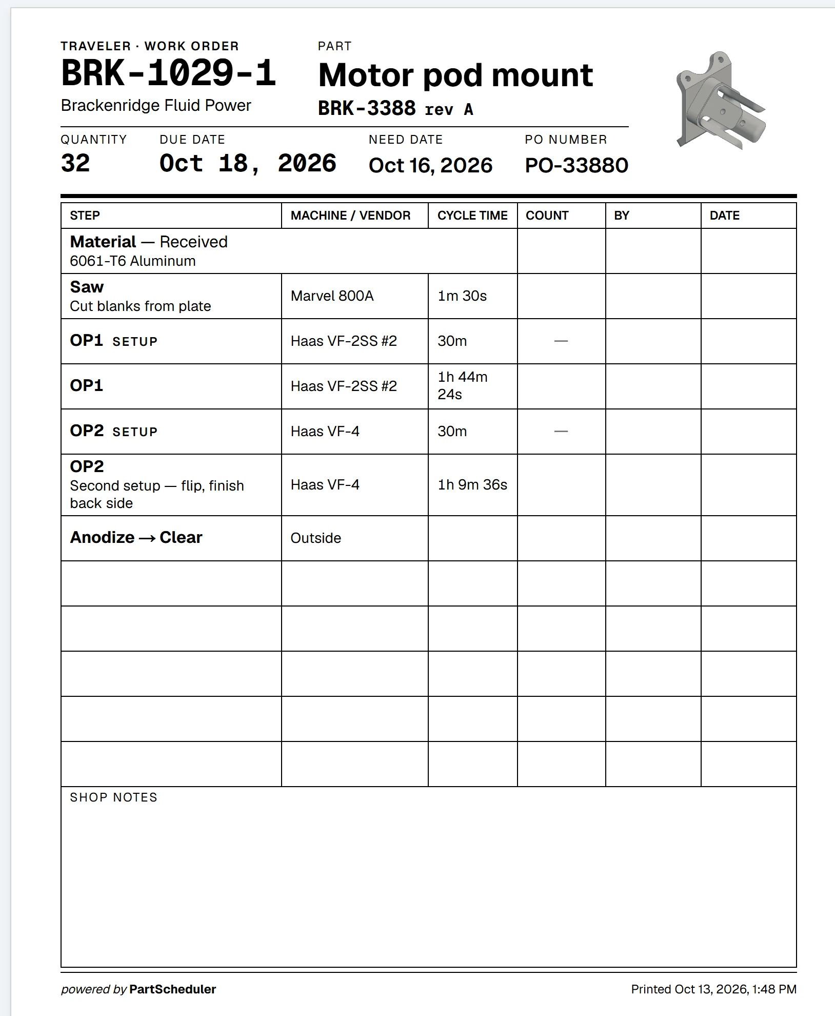 A printed traveler for BRK-1029-1: quantity 32, due Oct 18, 2026, PO-33880, and a table of steps with machine, cycle time, count, by and date columns.